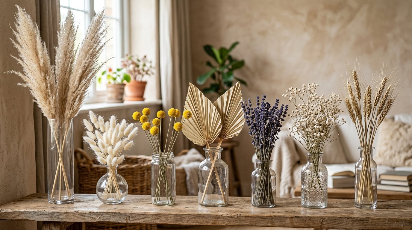 Several glass vases filled with pampas grass, billy balls, dried palm leaves, lavender, and wheat on a wooden table.