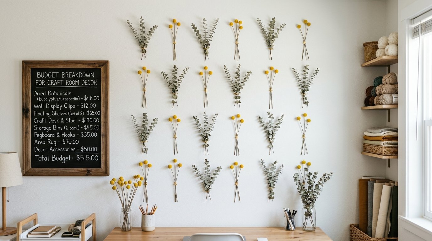 Wall grid of dried eucalyptus and craspedia flower bundles next to a budget breakdown chalkboard.