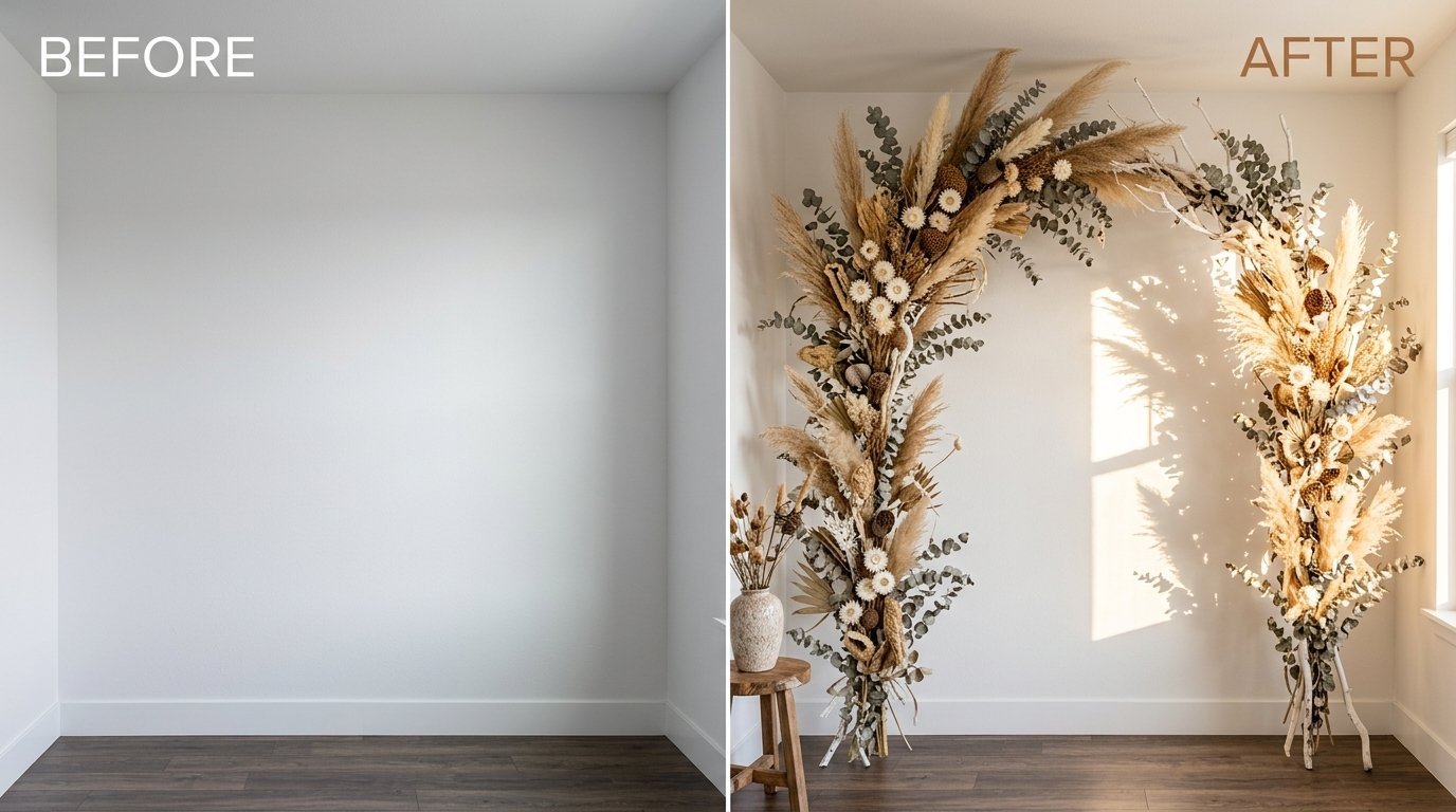 Before and after transformation of a home corner featuring a large decorative dried grass and eucalyptus archway.