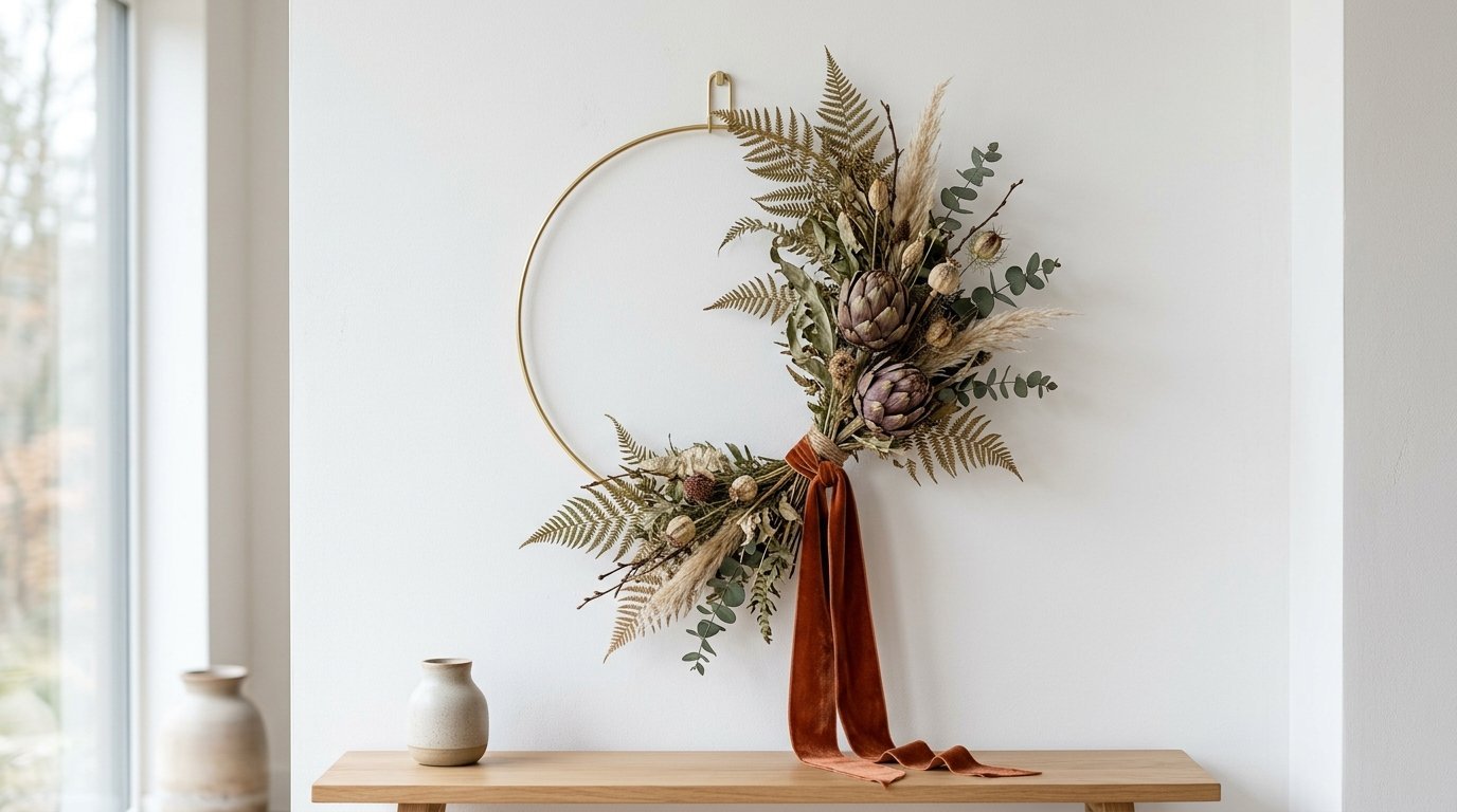 A gold hoop wall wreath adorned with dried ferns, artichokes, and pampas grass tied with a velvet ribbon.