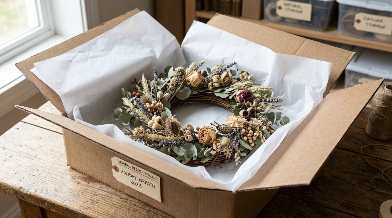 A rustic dried flower and herb wreath resting on white tissue paper inside a brown shipping box.