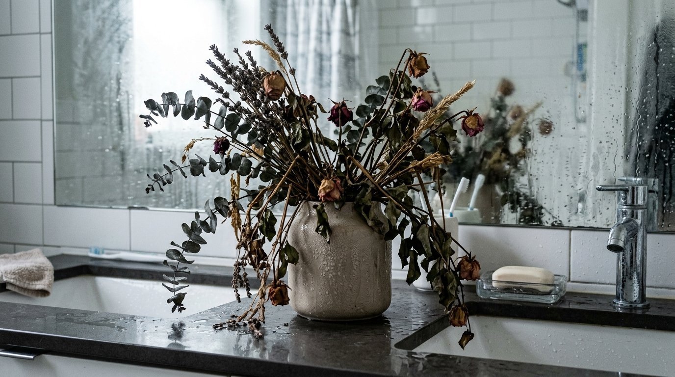 A beige ceramic vase filled with withered flowers and eucalyptus stems resting on a damp black bathroom countertop.