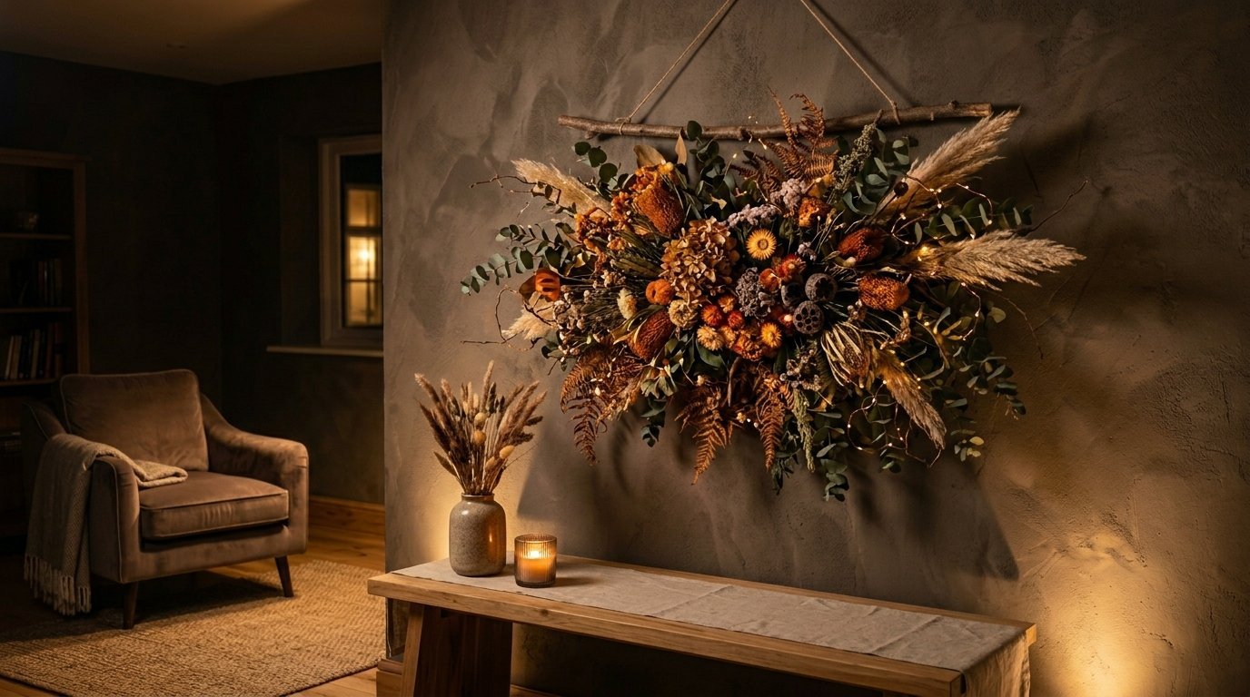 A large botanical wall display with pampas grass and eucalyptus hangs above a wooden bench with a candle.