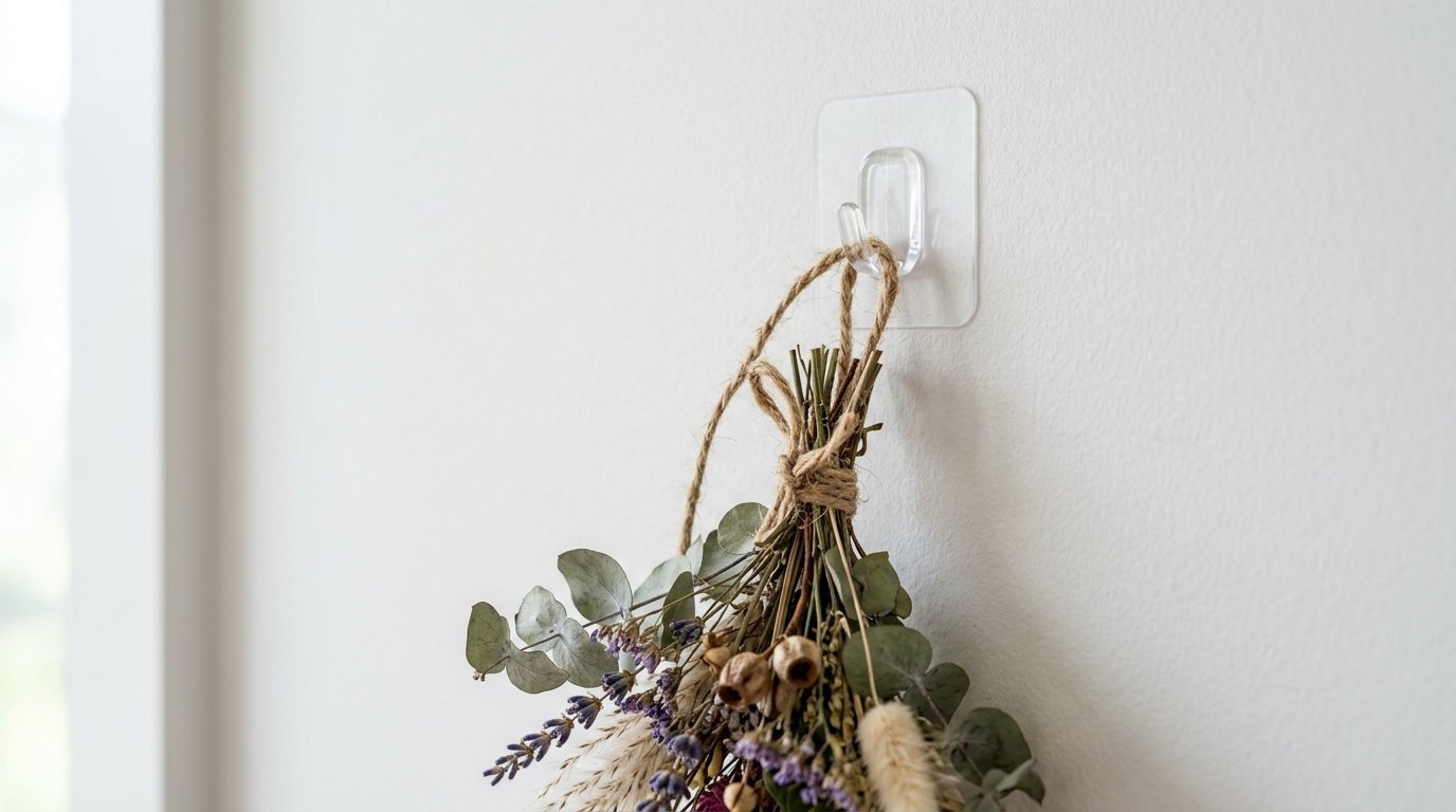 Decorative bouquet of dried lavender and eucalyptus hanging on a clear plastic wall hook.