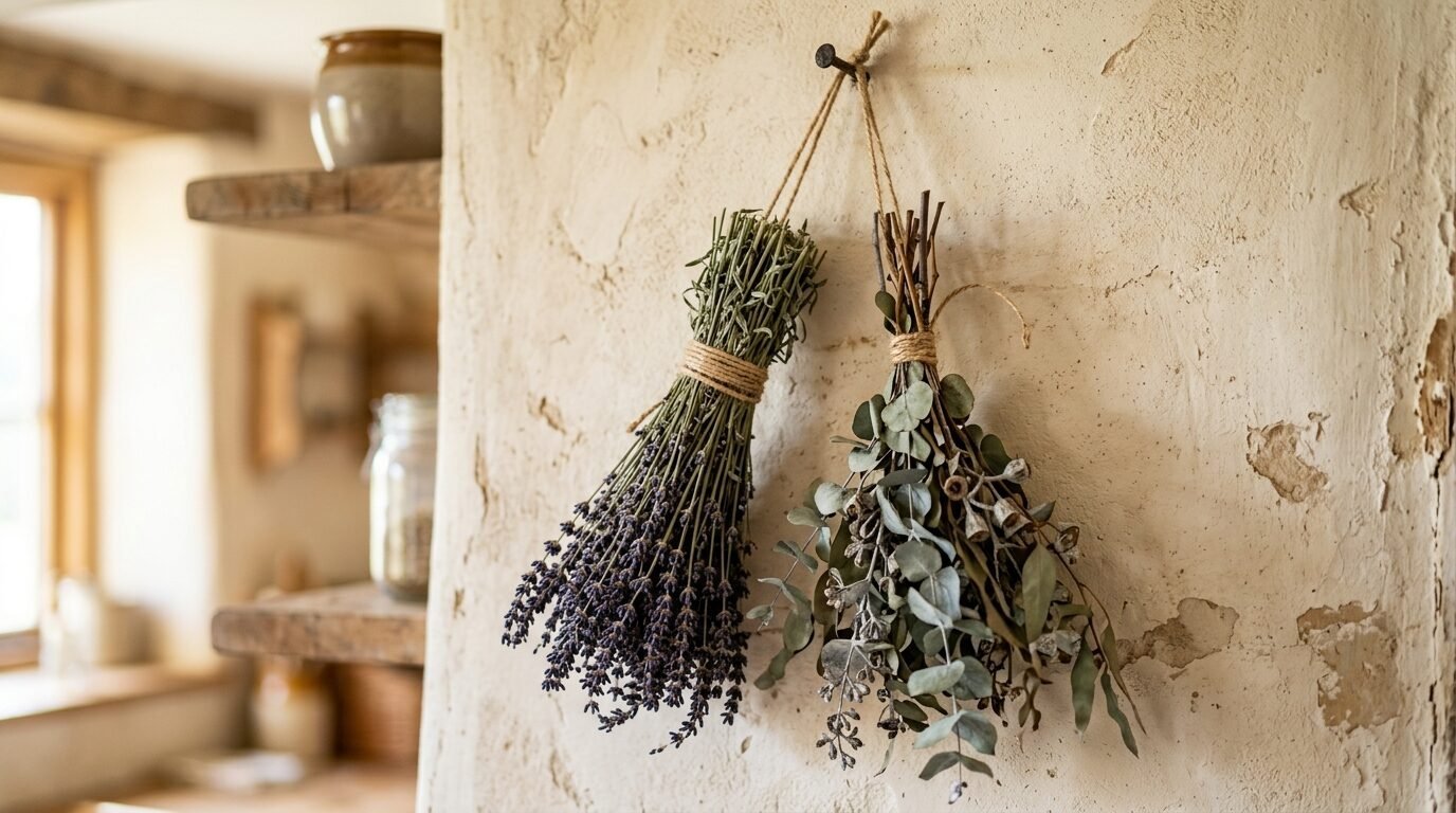 Sprigs of purple lavender and green eucalyptus tied with twine, suspended from a nail on a textured plaster wall.