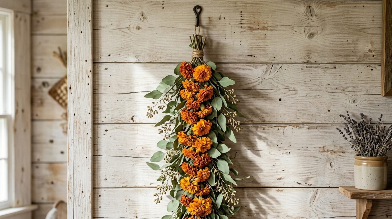 A bundle of dried orange marigold flowers and eucalyptus foliage hanging from a hook on a whitewashed wooden wall.