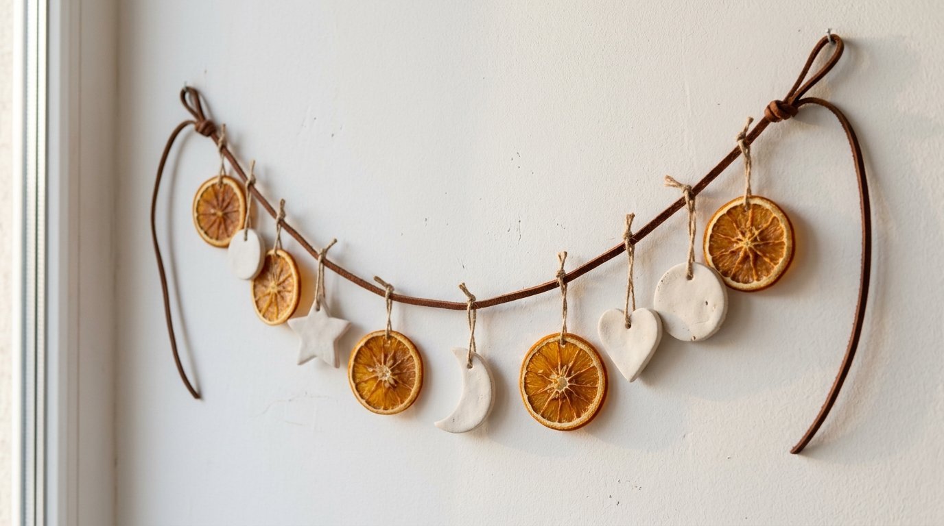 A decorative leather cord hanging on a white wall with alternating dried orange slices and white clay shapes.
