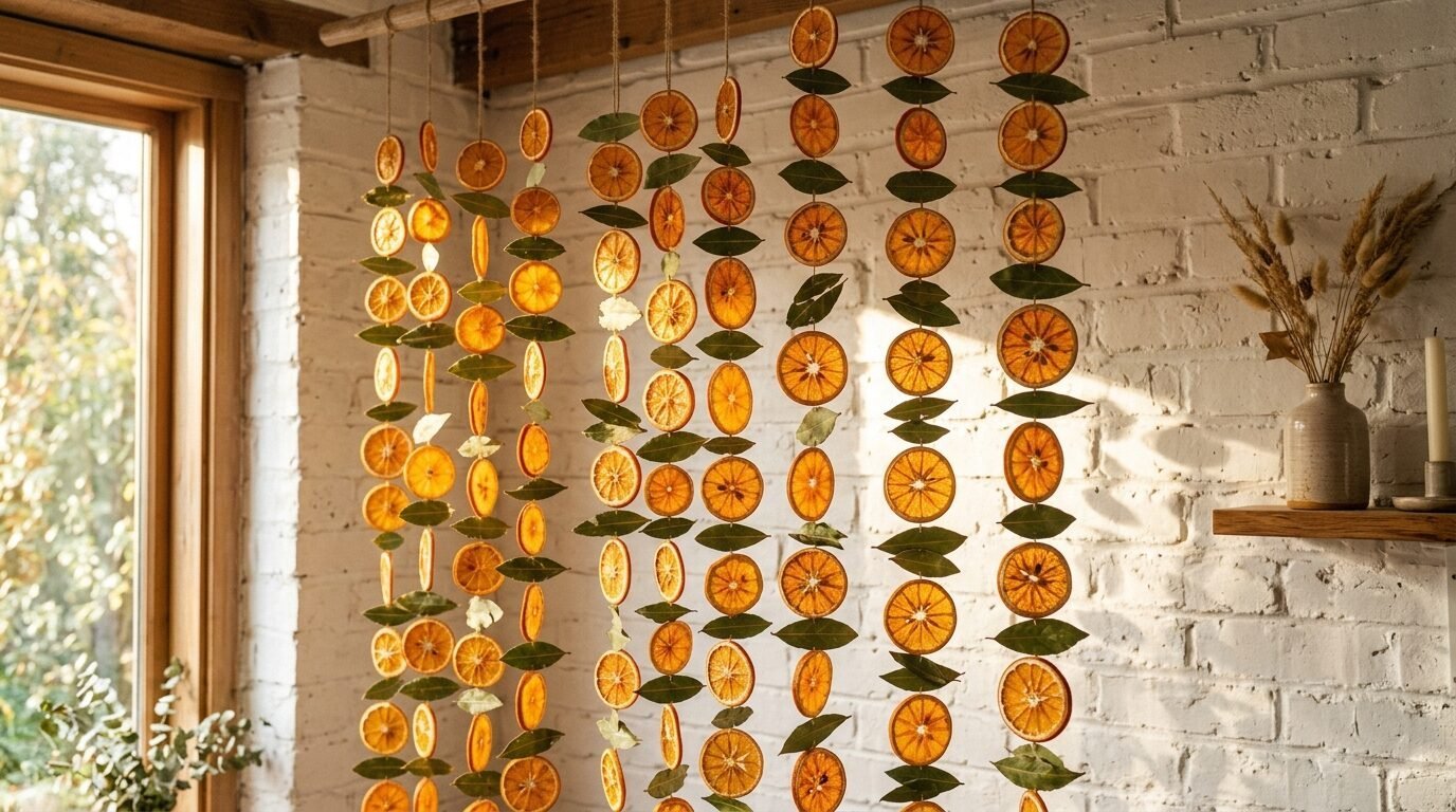 Vertical strands of citrus slices and green bay leaves hanging in front of a white brick wall.