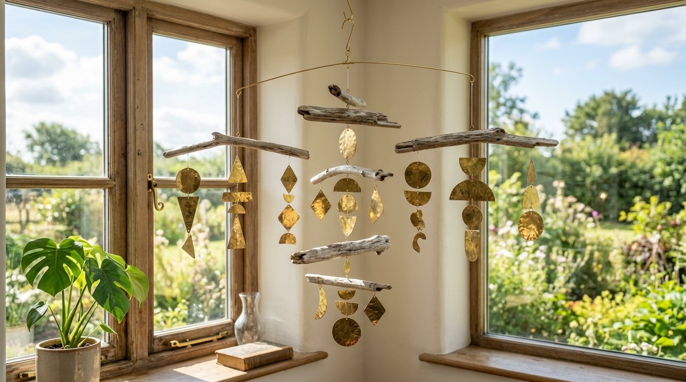 A handcrafted hanging mobile with brass geometric ornaments suspended from natural driftwood against a garden window.