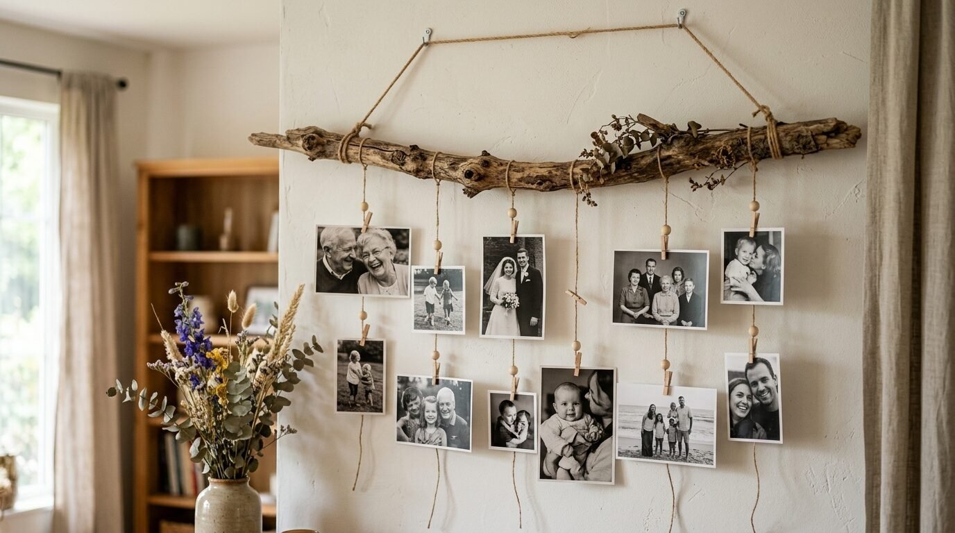 Family memories hanging from a wooden branch wall art piece with jute twine.