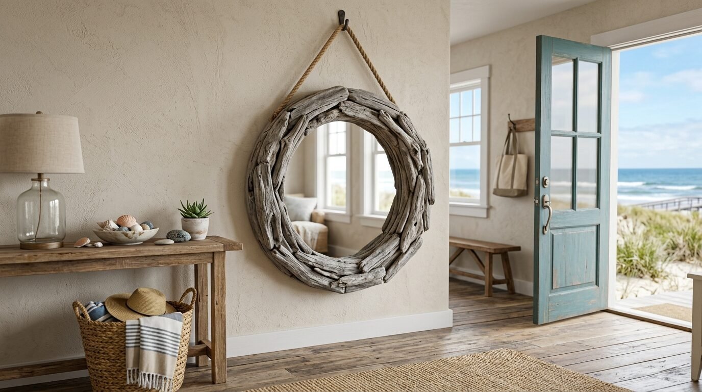 Round mirror framed with weathered driftwood hangs on a beige wall inside a bright beach house.