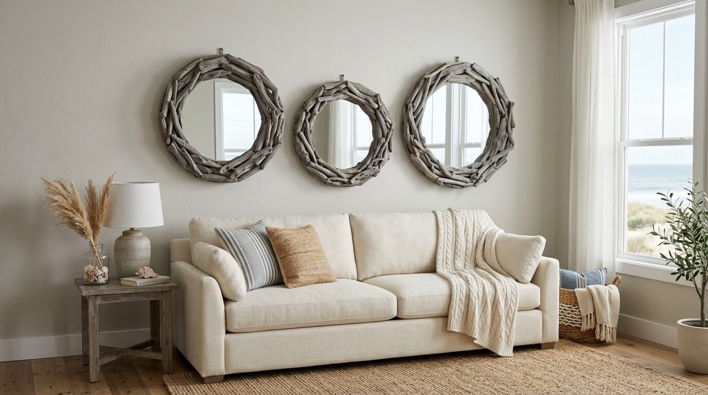 Coastal living room featuring a cream couch and a trio of circular rustic wood-framed mirrors mounted on the wall.