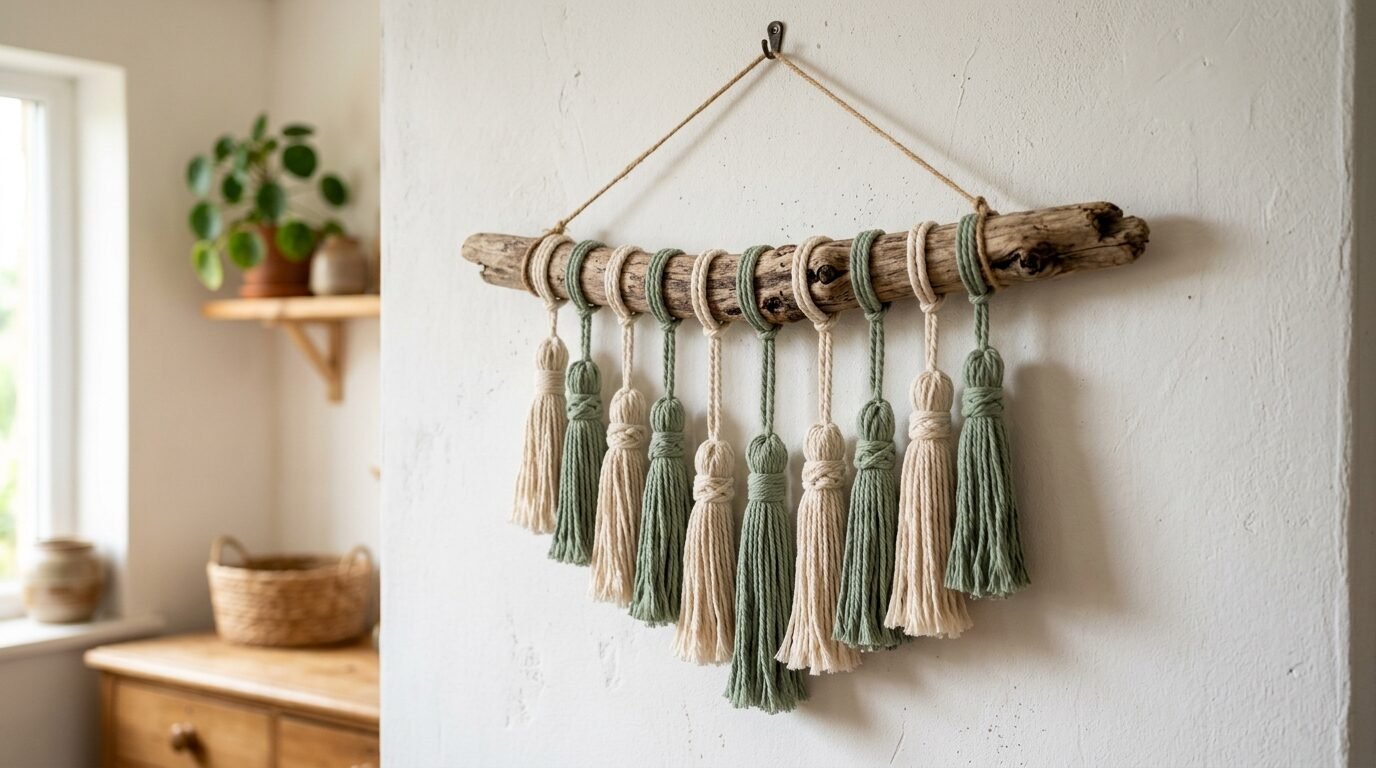 Textured macrame wall decor featuring alternating green and white yarn tassels hanging from a natural wood branch.