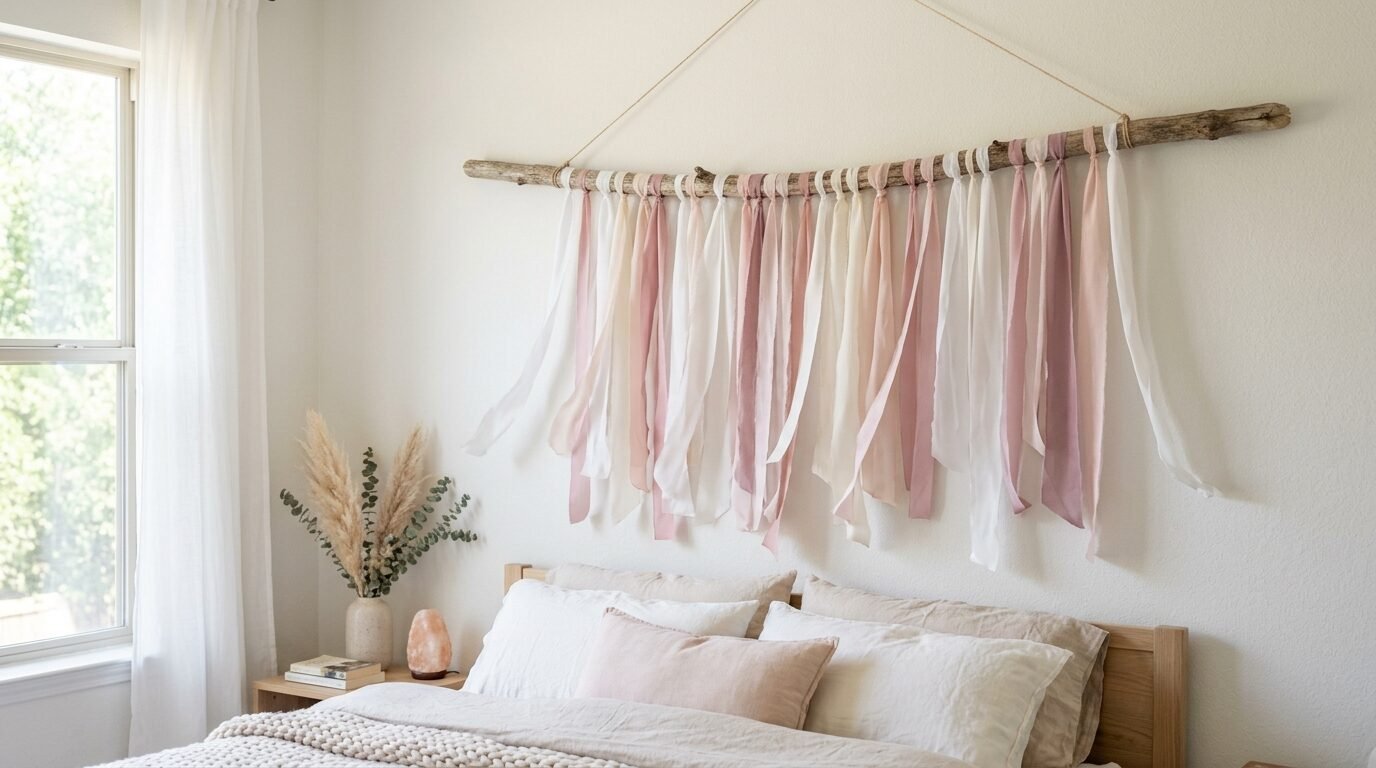 DIY fabric streamer wall decor hanging above a neutral colored bedroom headboard.