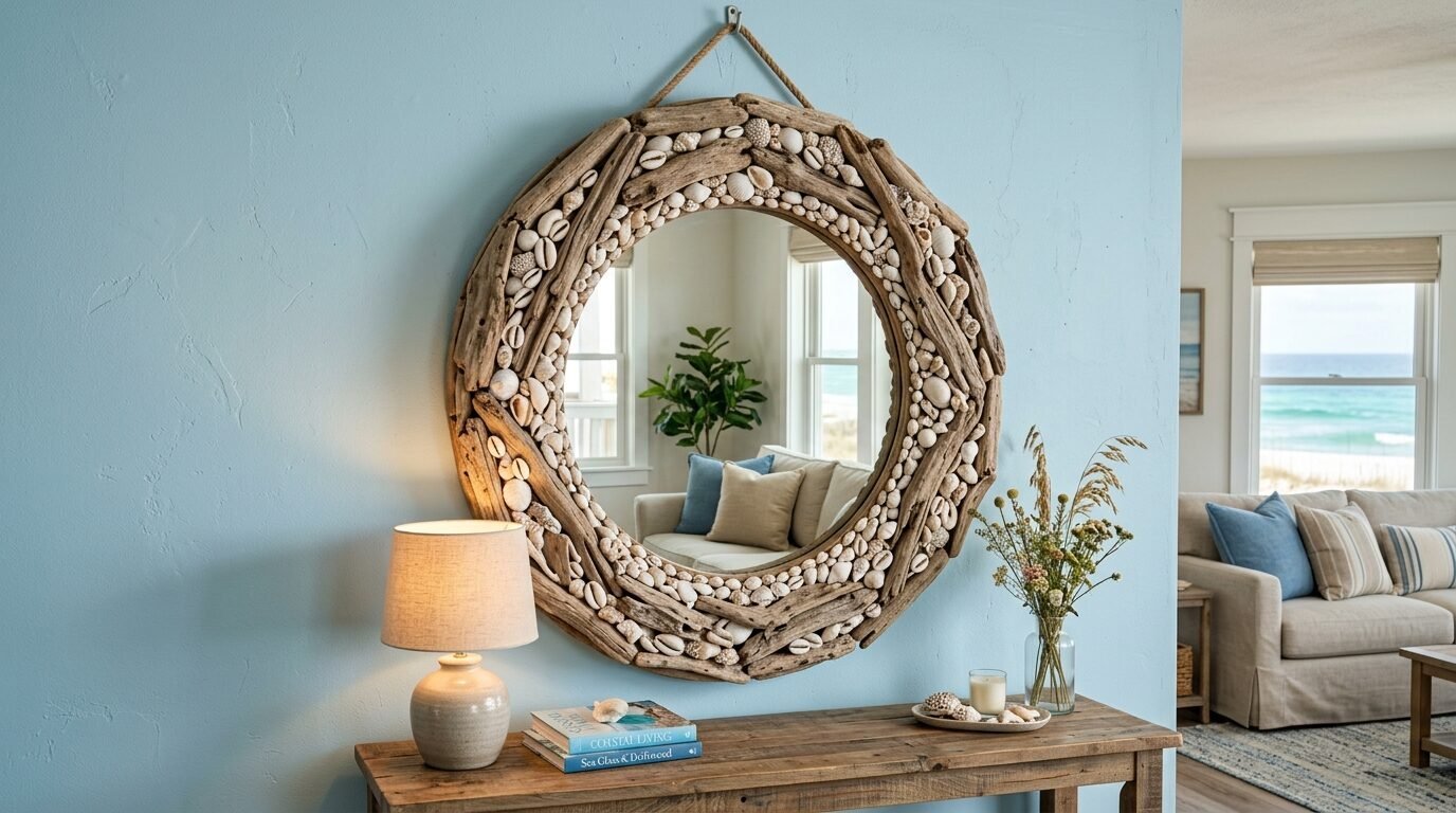 Round mirror with a frame made of weathered wood pieces and seashells hanging on a pale blue wall.