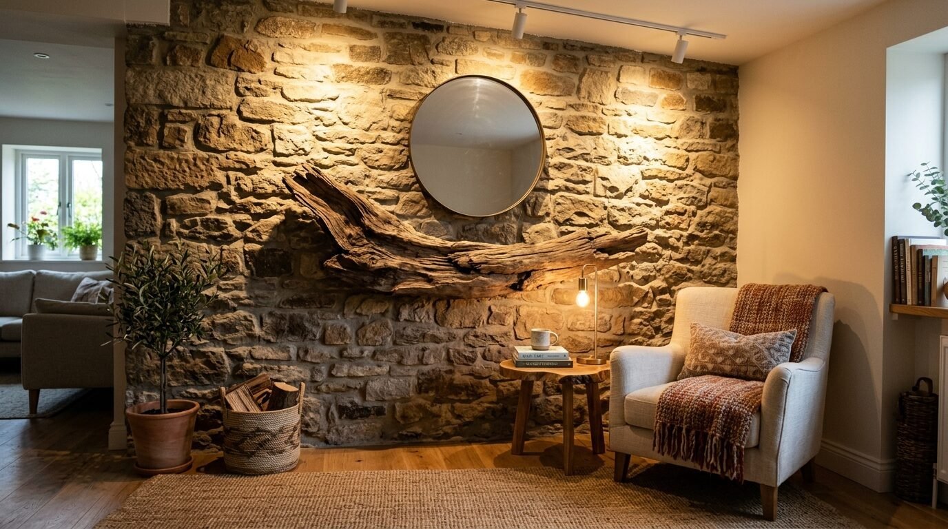 Cozy reading corner with an armchair, round mirror, and a piece of driftwood mounted on a rough stone wall.