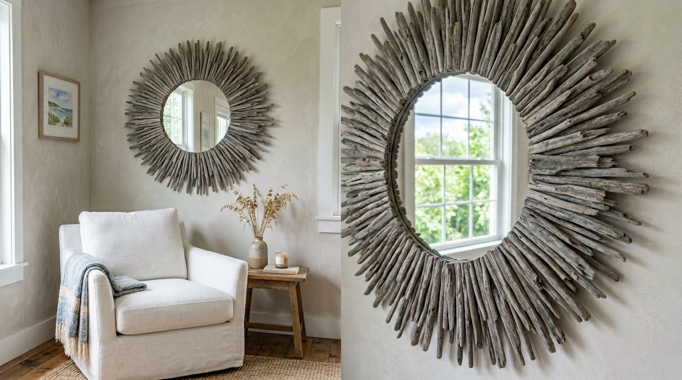 Round mirror made of weathered driftwood pieces hanging on a light-colored wall above a cozy white arm chair.