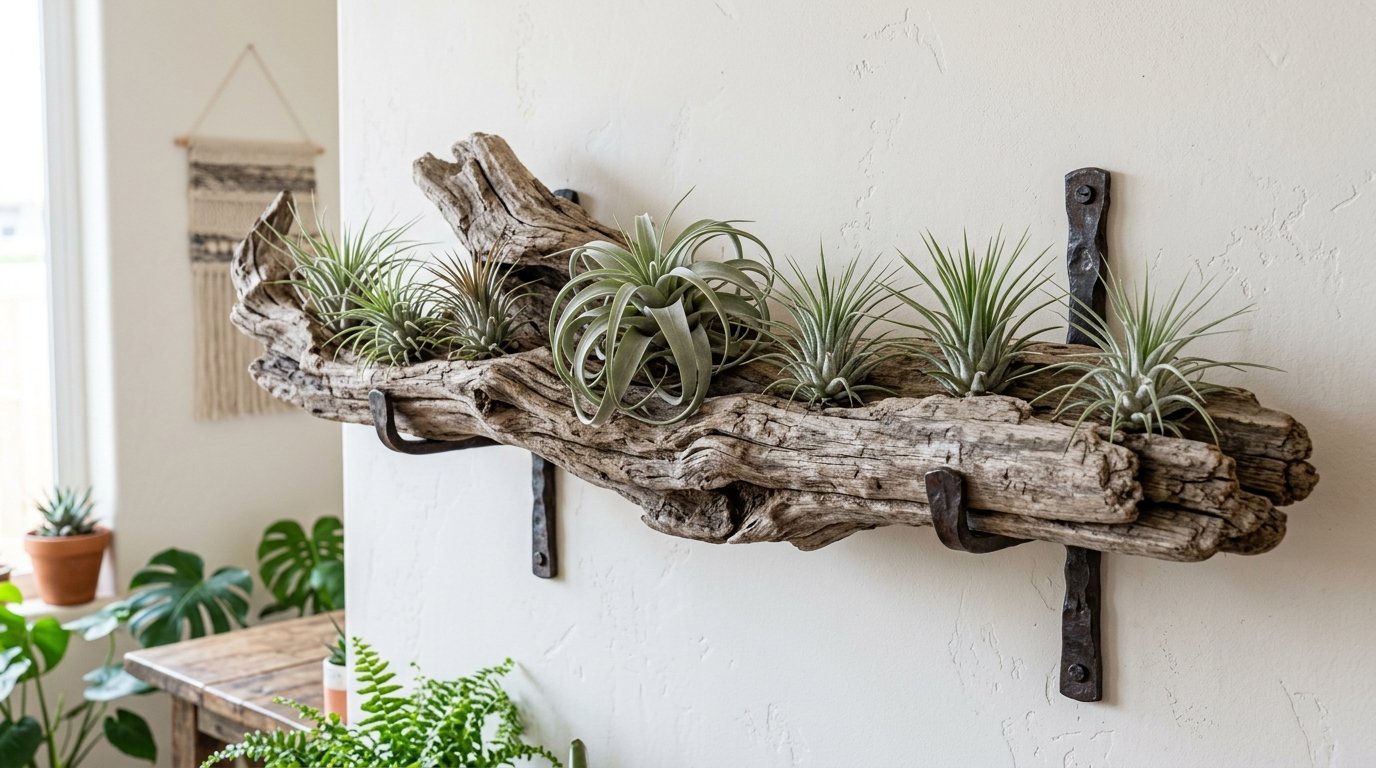 A decorative piece of weathered driftwood mounted on a white wall, serving as a display for six small tillandsia plants.