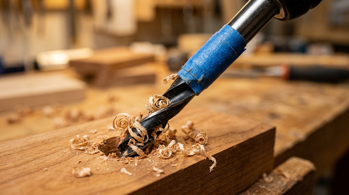 Close up of a metal drill bit boring a hole into a wooden block with sawdust scattered around.
