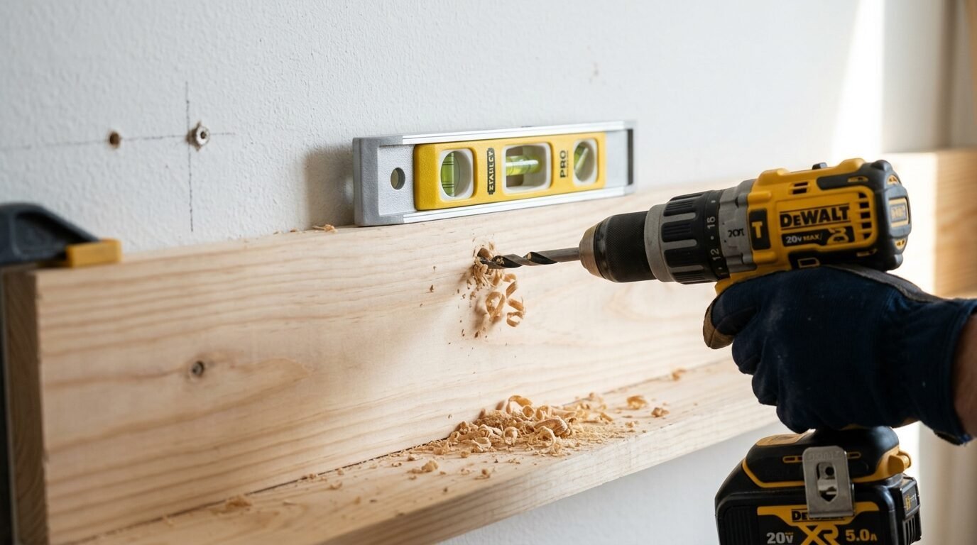 Close up of a gloved hand using a power drill to create a hole in a horizontal wooden plank with a level nearby.