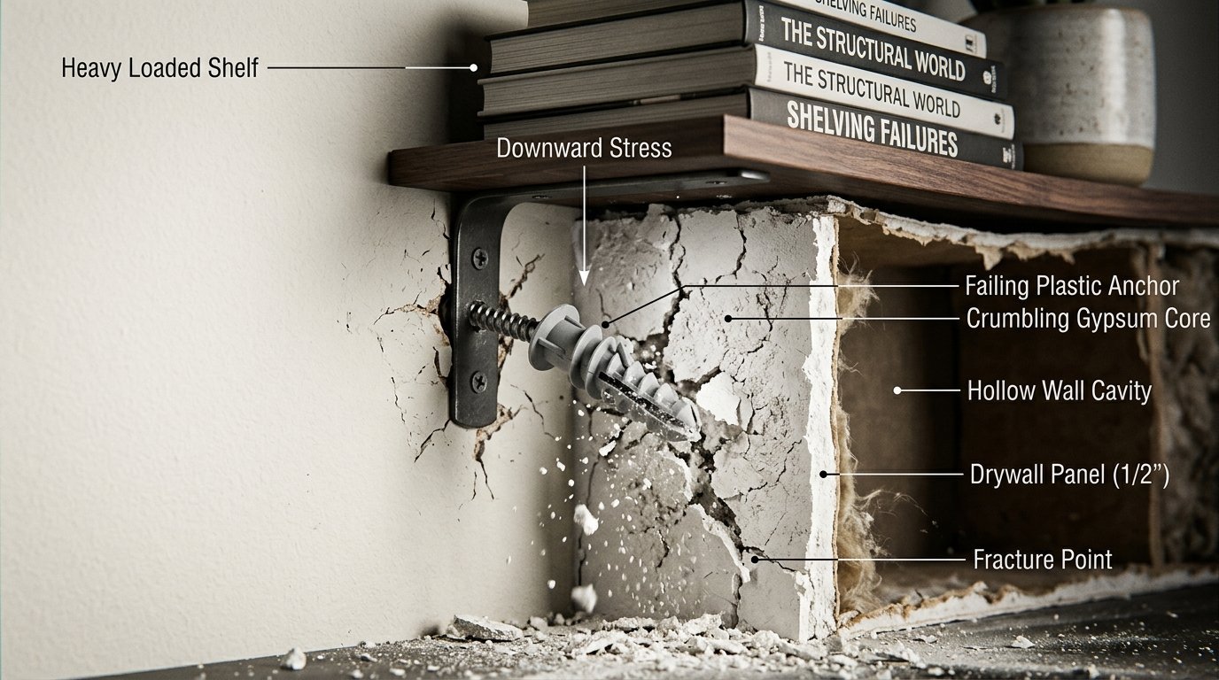 An illustration of a bookshelf bracket pulling out of a drywall wall due to a failing plastic wall anchor.