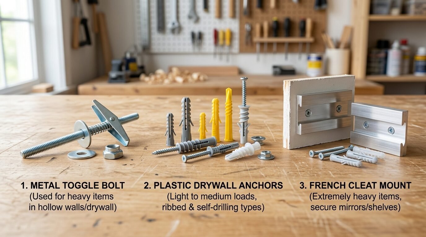Group of various wall fasteners including toggle bolts, plastic anchors, and aluminum French cleats on a workbench.