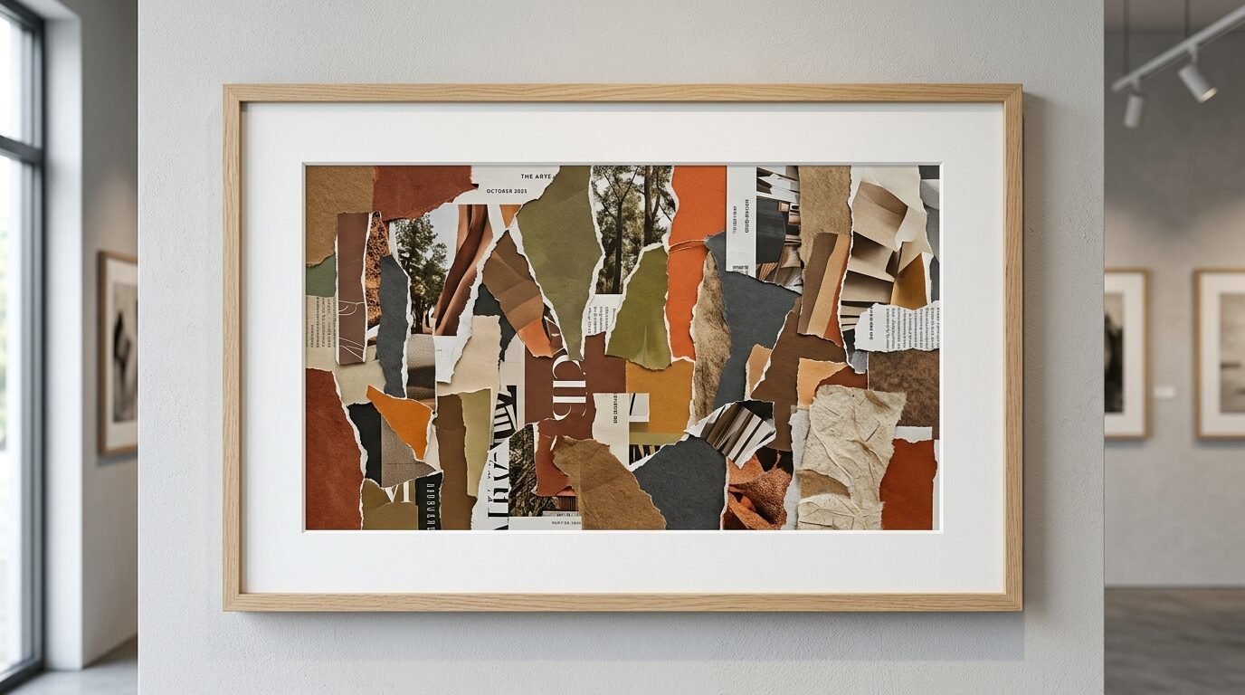 Framed gallery wall art displaying a mixed-media collage of ripped magazine strips in brown, orange, and olive green.