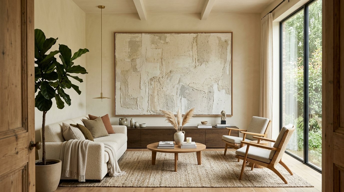 Neutral living space with cream sofa, round wood coffee table, and large beige abstract painting.