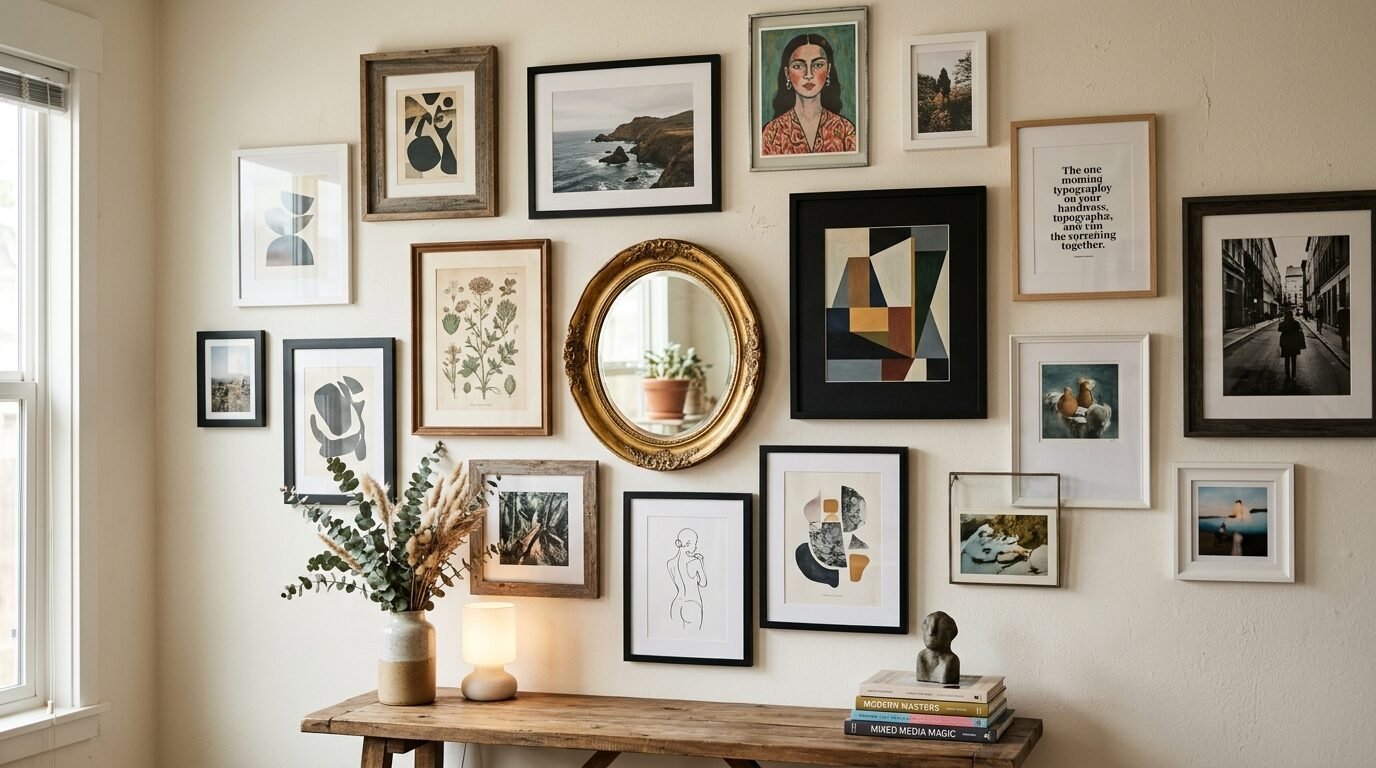 An assortment of various framed artwork and an oval gold mirror arranged as a gallery wall over a wooden console table.