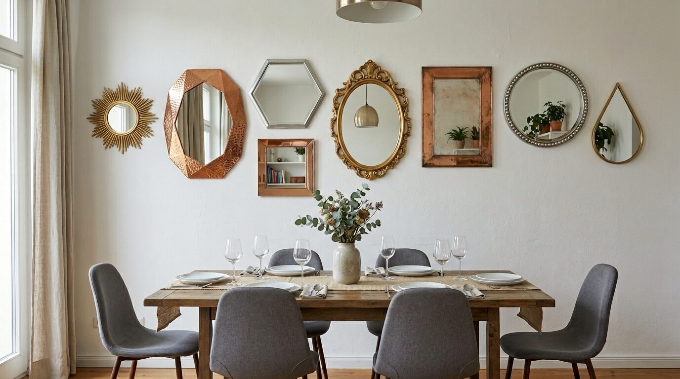 Wooden dining table set for guests under an eclectic arrangement of various shaped mirrors on a white wall.