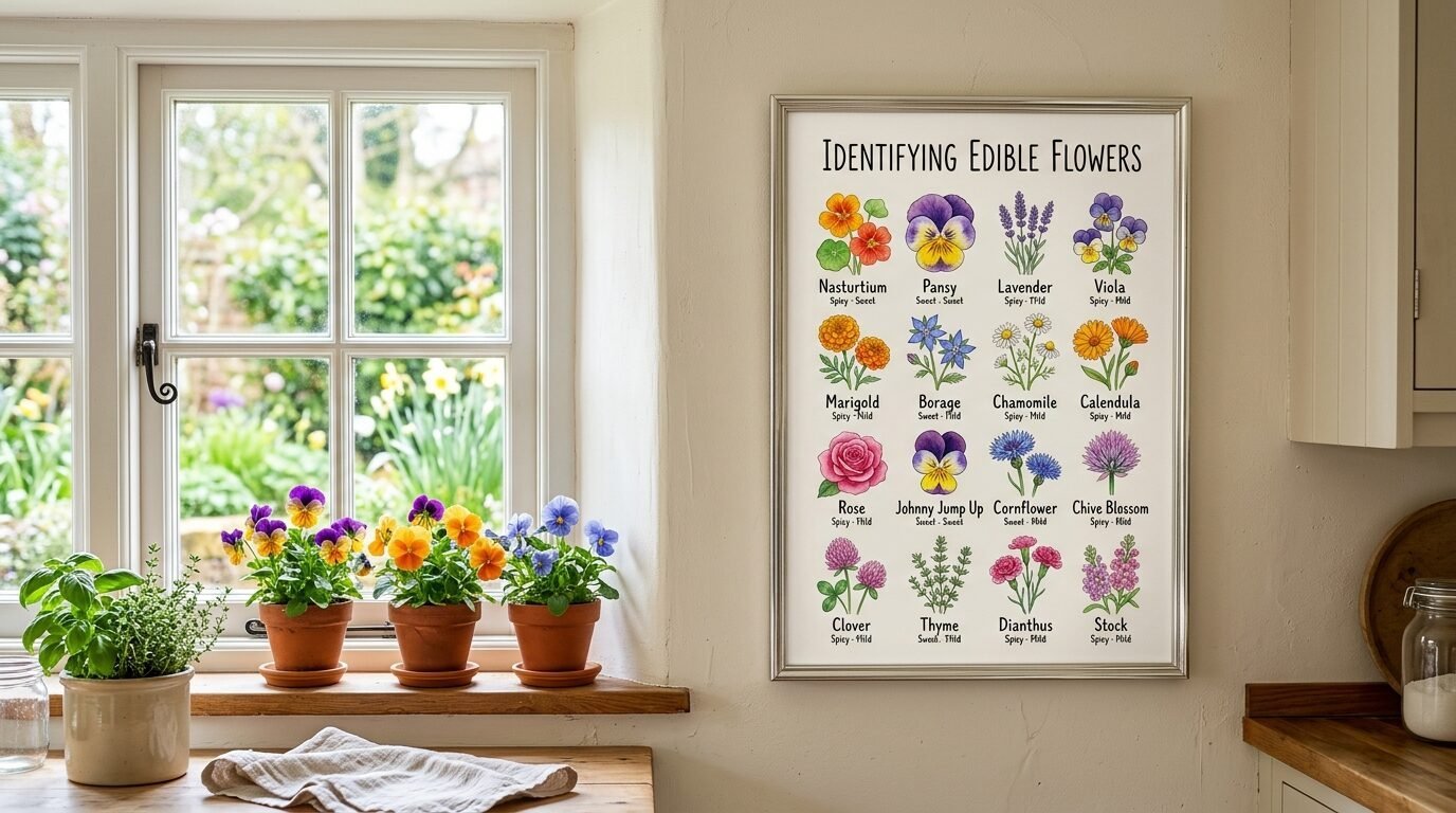 A kitchen wall features a framed educational poster listing edible flowers with illustrations and flavor profiles.