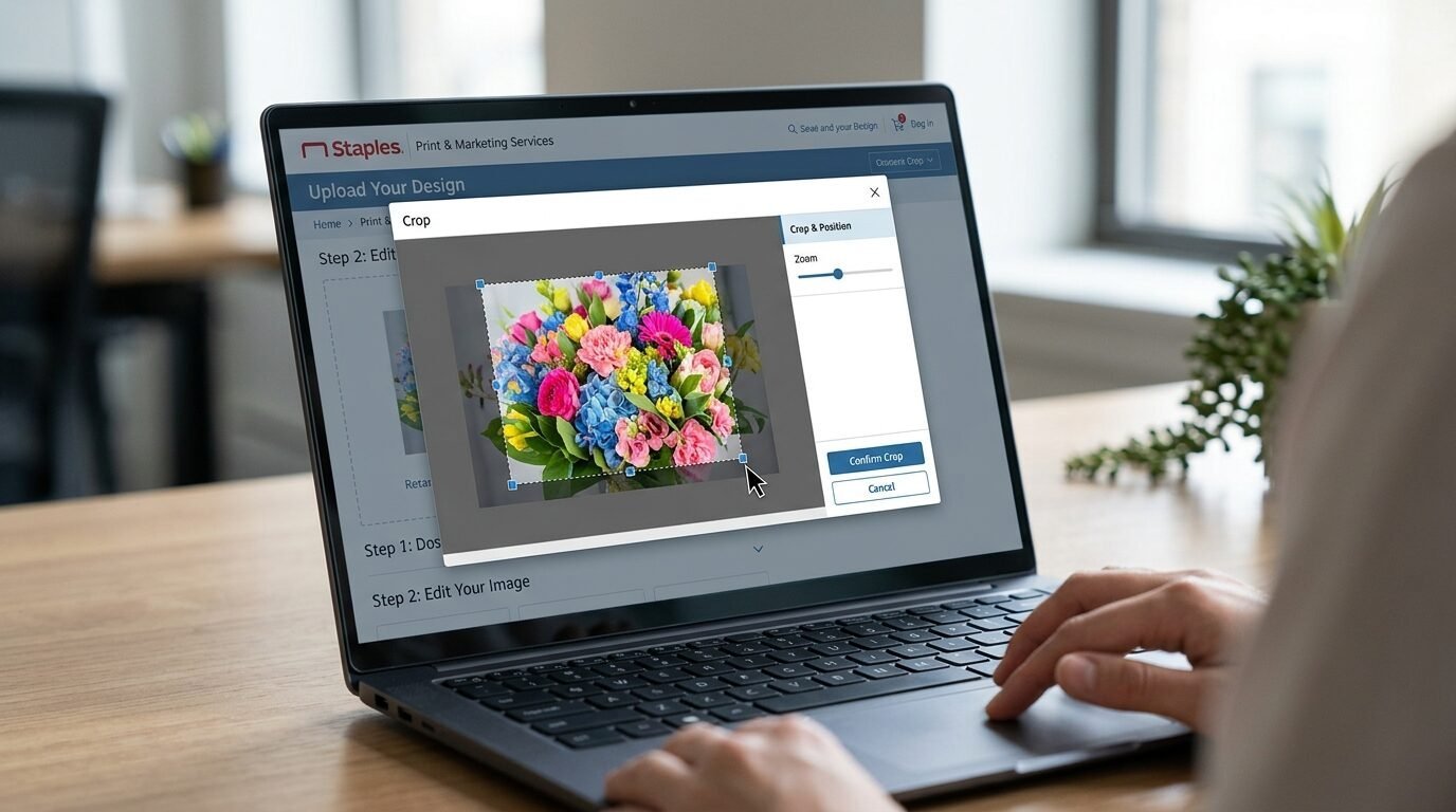 A person using a laptop to crop a photo of a colorful bouquet of flowers on the Staples website.