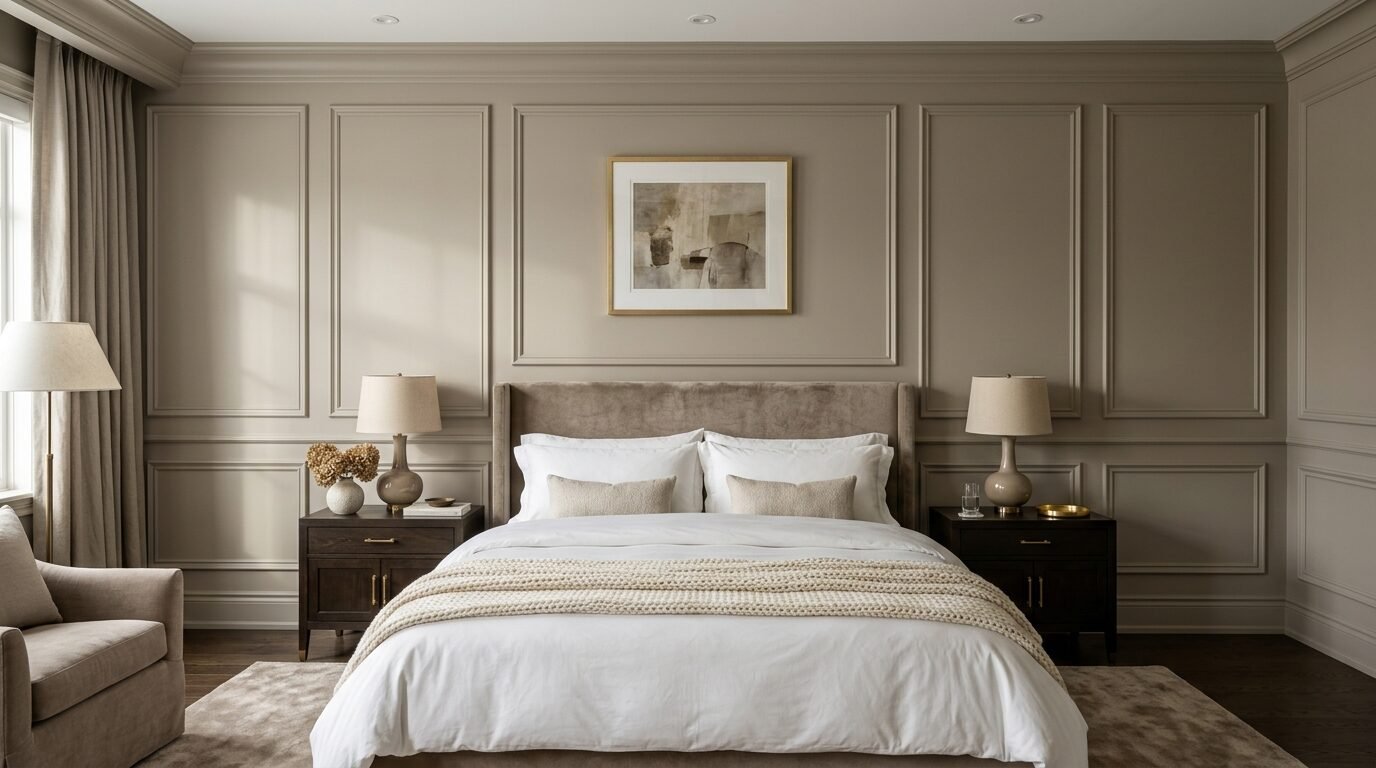 Modern bedroom with taupe wall molding, a plush bed, and dark wood nightstands.
