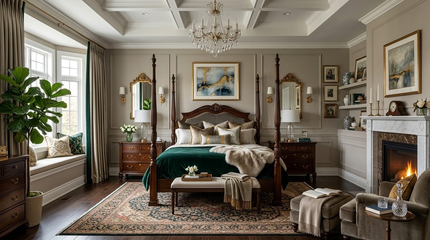 Traditional bedroom with deep green bedding, a cozy fireplace, and an ornate crystal chandelier.