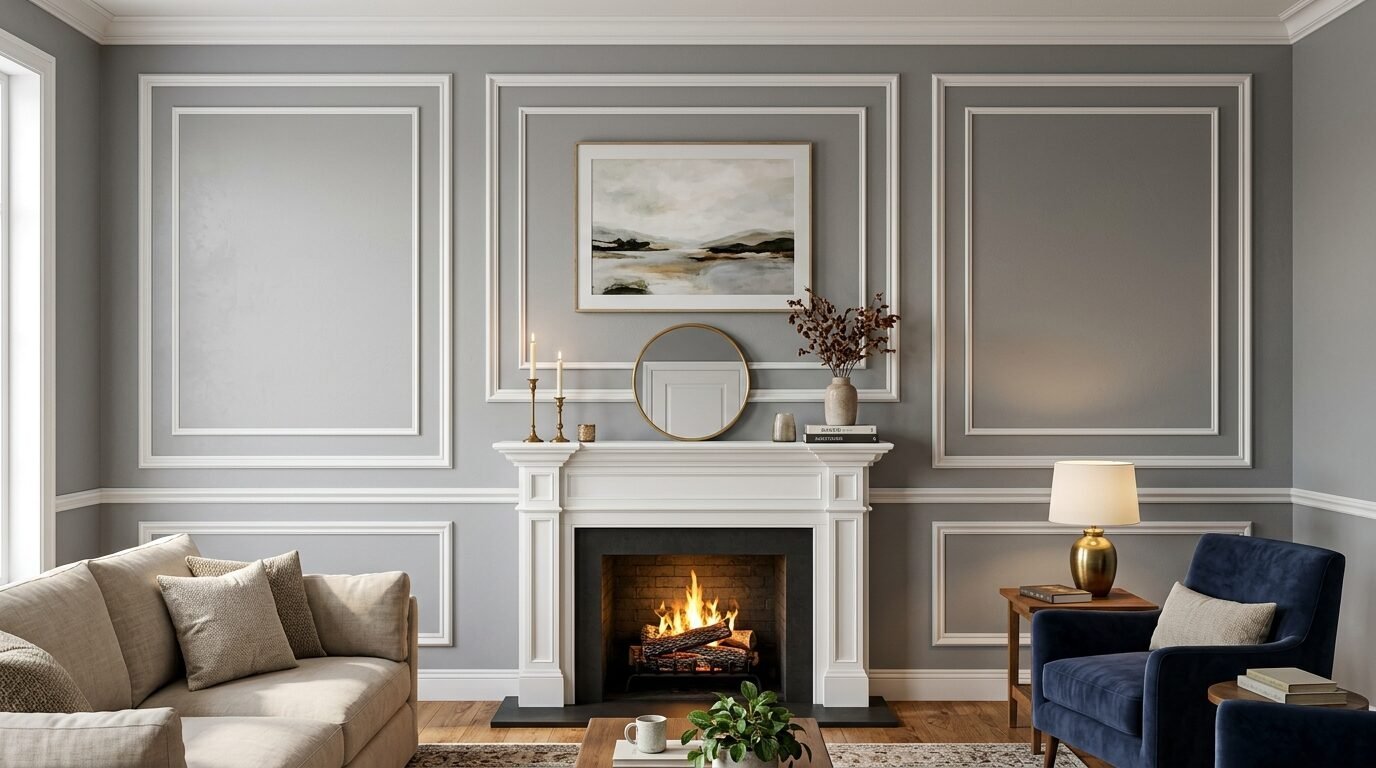 A grey living room featuring white wall molding, a burning fireplace, round mirror, and framed landscape artwork.