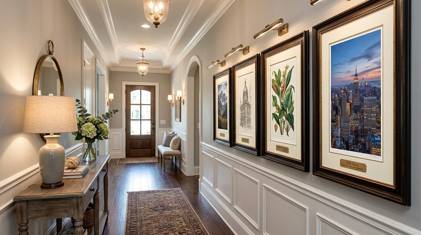 Bright hallway with wood floors, a console table, and framed prints illuminated by picture lights.