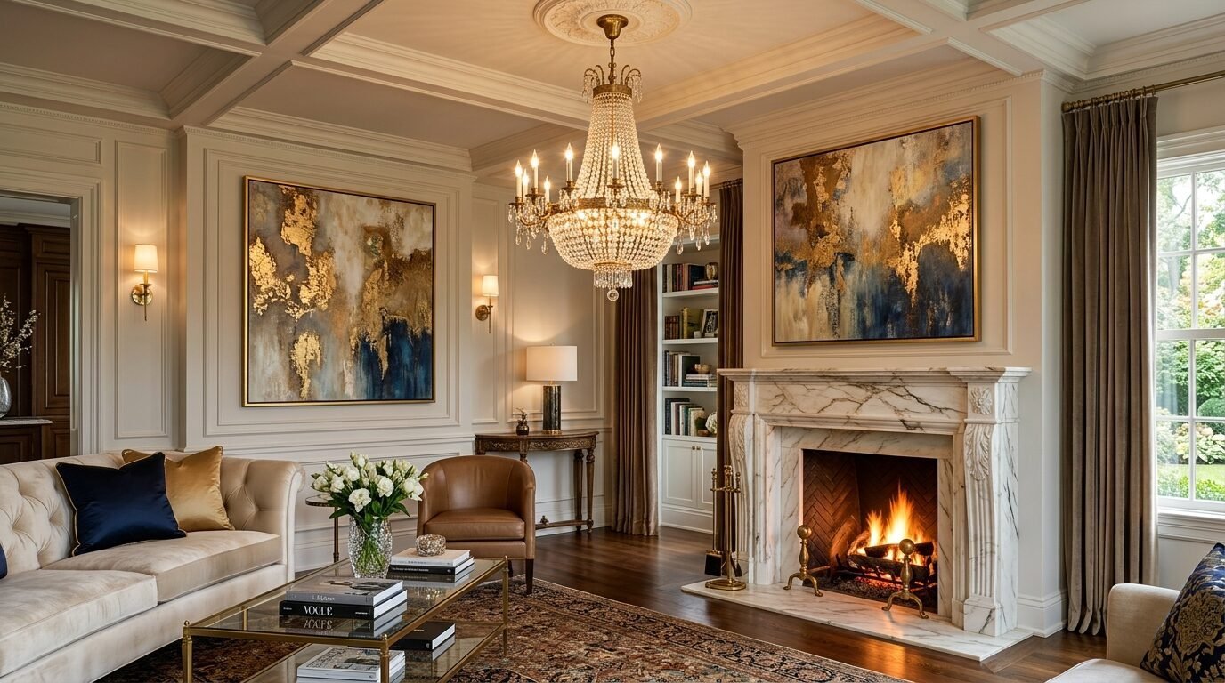 A formal living room featuring a crystal chandelier, marble fireplace, and abstract gold and blue wall art.