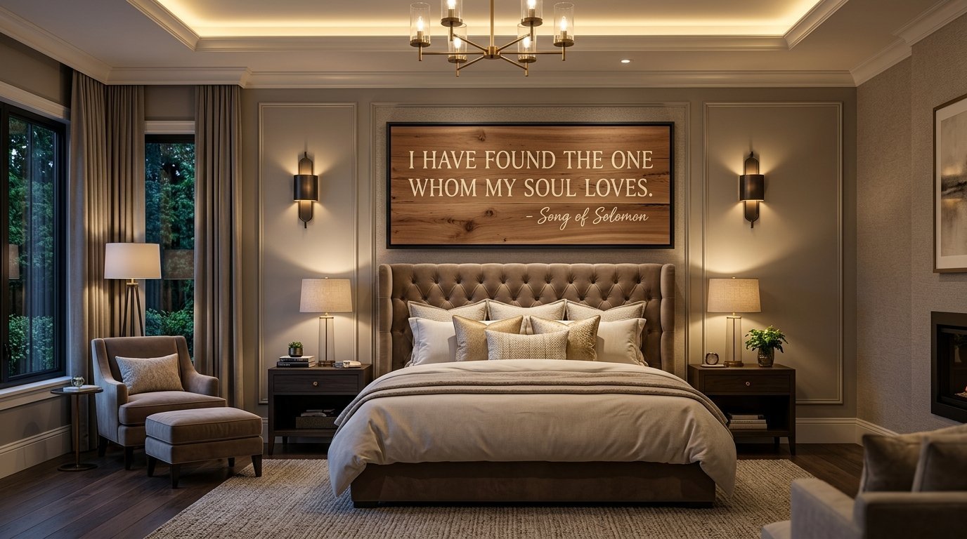 A luxurious bedroom with a tufted headboard and wall art displaying a quote from the Song of Solomon.