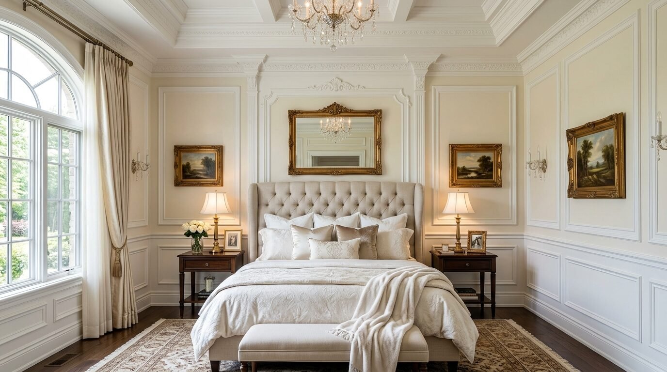 A luxurious bedroom with a tufted headboard, symmetric nightstands, and detailed wall molding under a crystal chandelier.