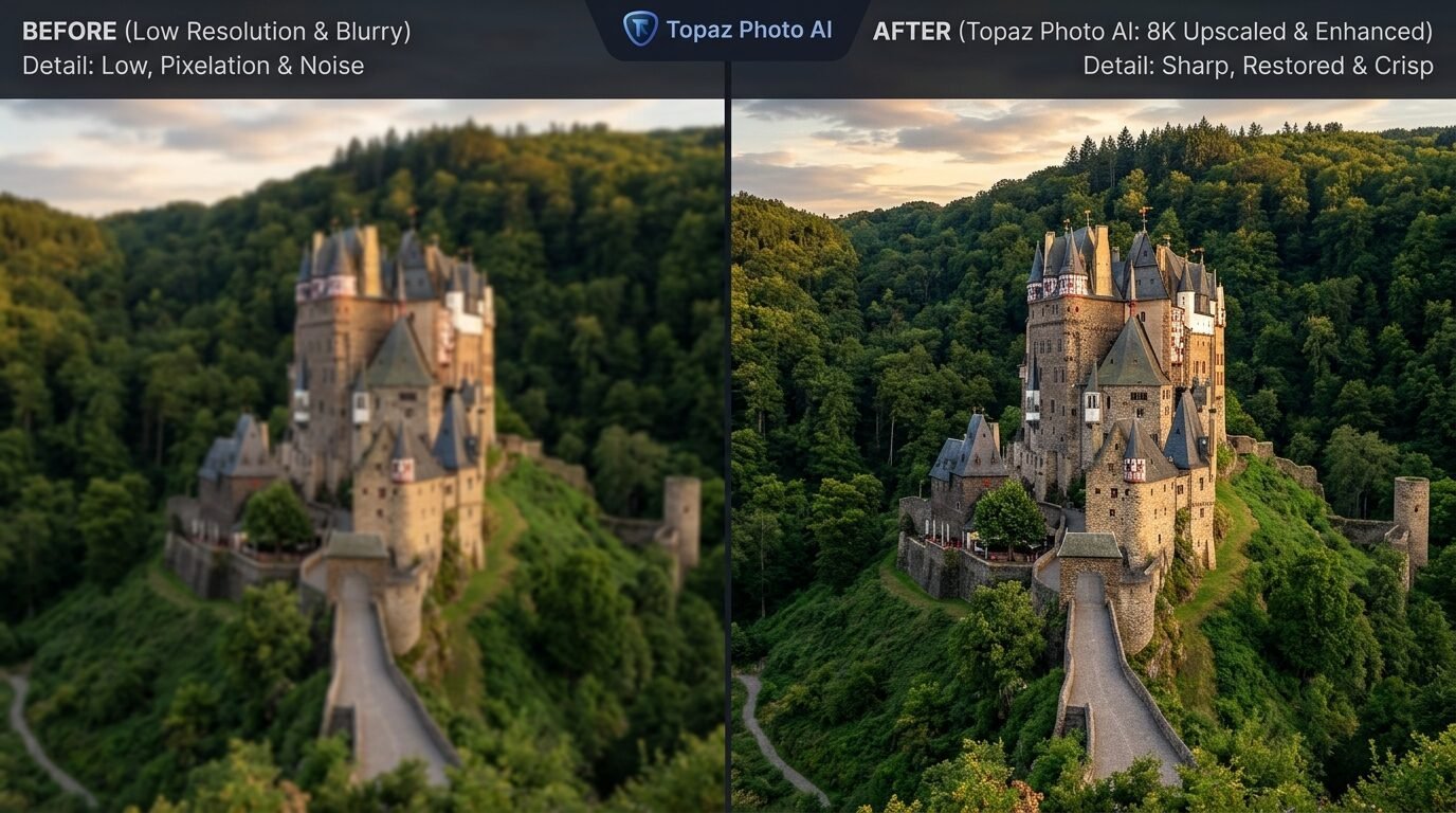 Comparison showing a blurry photo of Eltz Castle on the left and a sharp, high-resolution version on the right.