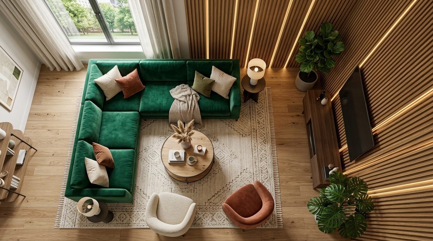 Aerial view of a contemporary lounge featuring a large green sectional, patterned rug, and slatted wooden wall panels.