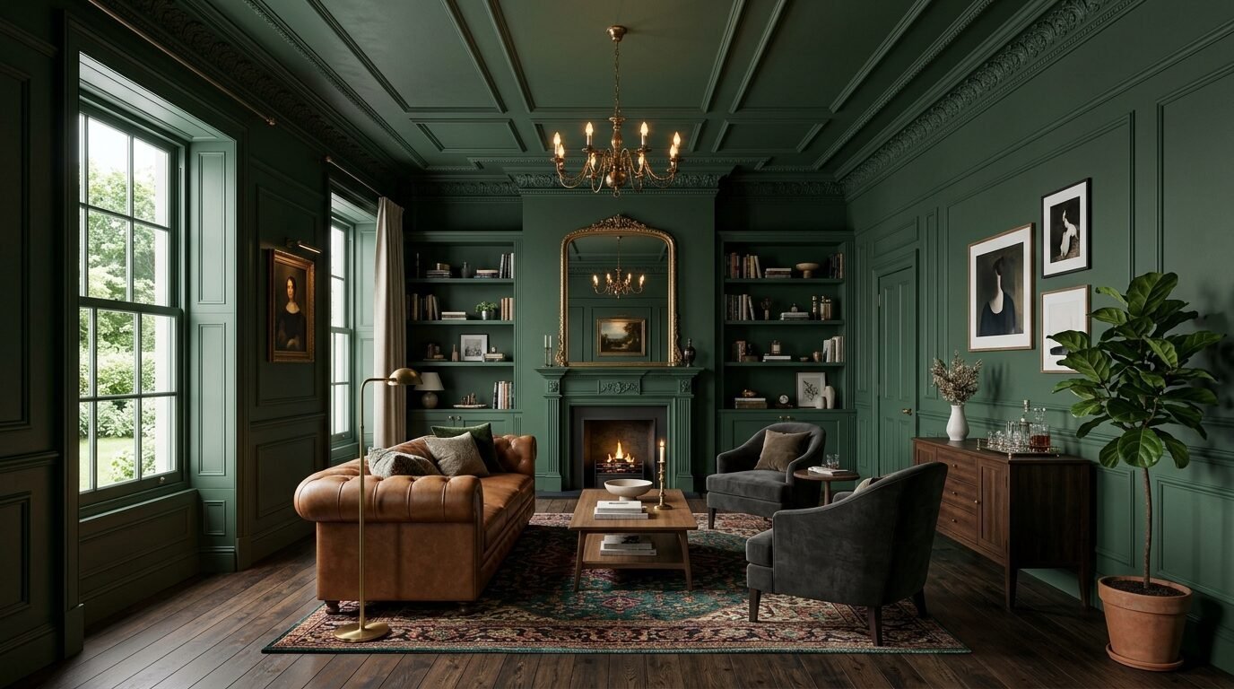 A formal home library featuring dark green paneled walls, a fireplace, and a brown leather sofa on a patterned rug.