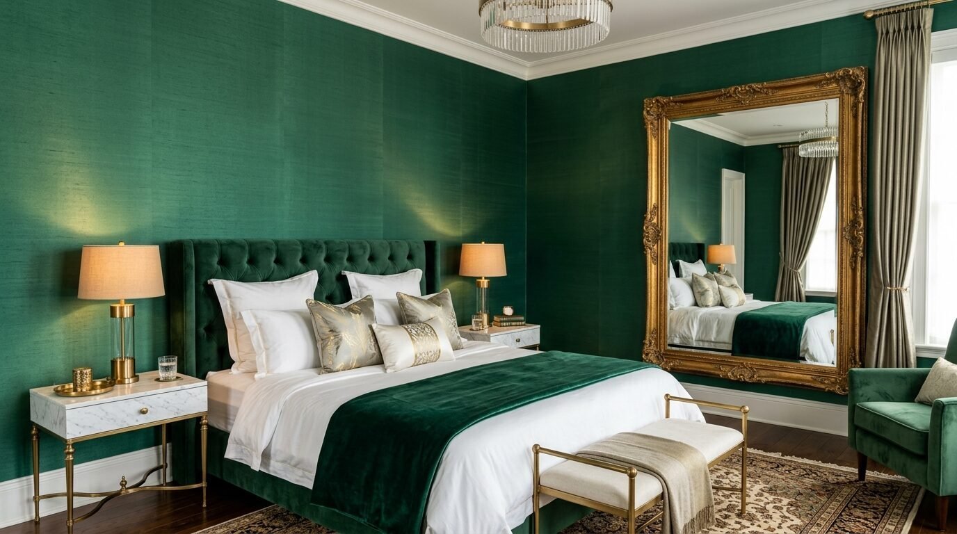 A plush emerald velvet bed set against dark green grasscloth wallpaper with a large ornate gold mirror.