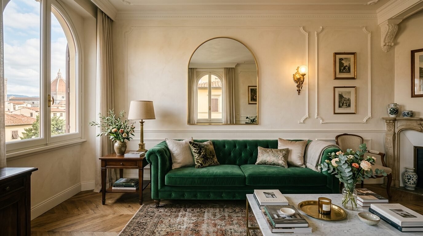 A green velvet chesterfield sofa sits in a classic room with a view of a cathedral dome through the window.