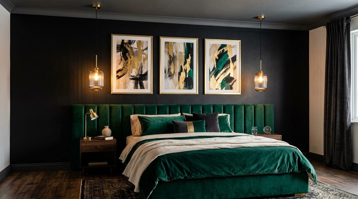 A bedroom with a dark wall, green velvet bed, and three gold-framed abstract paintings above the headboard.