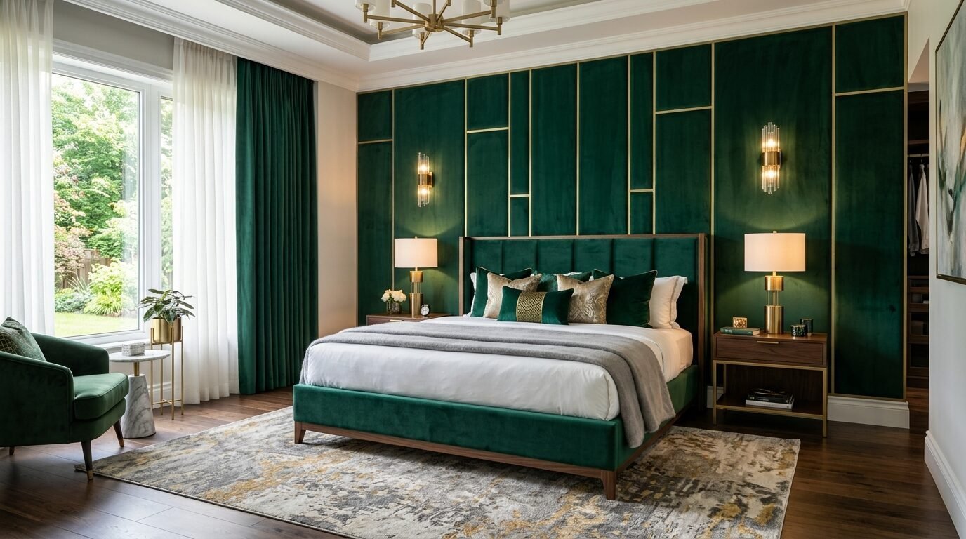 Modern bedroom with green velvet panel wall, plush bed, and matching armchair on a textured area rug.