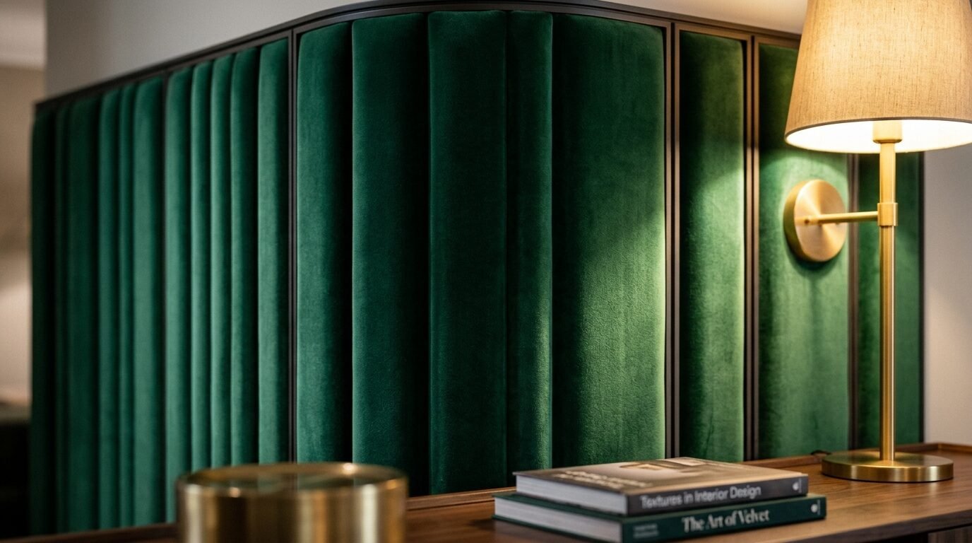 Close-up of vertical forest green velvet padded panels and a warm gold-toned reading lamp.