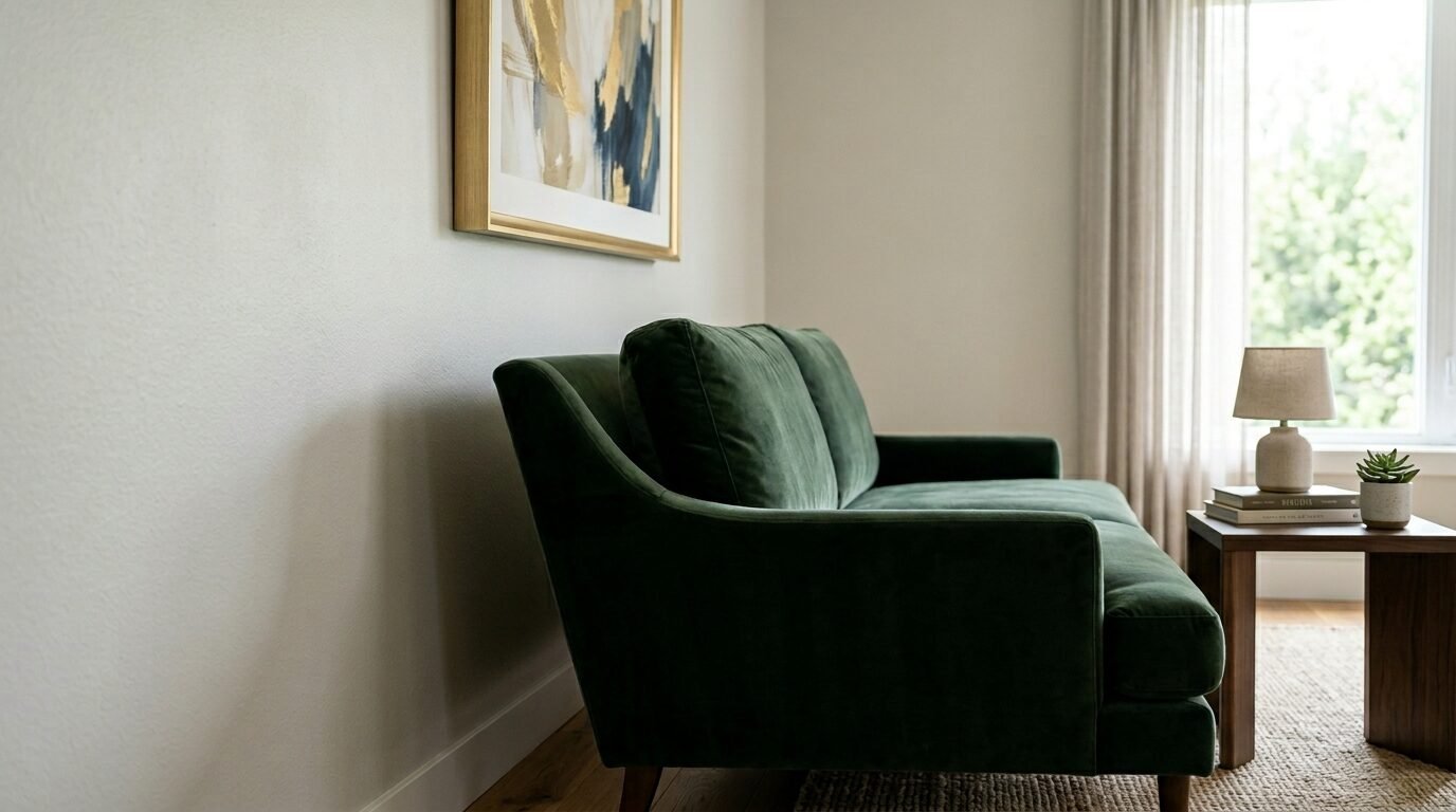 Side profile of a dark green velvet couch next to a wooden side table with a lamp and succulent.