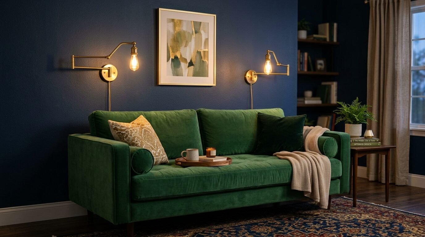 Green velvet sofa with gold wall lamps, throw blanket, and patterned pillows in a cozy living room.