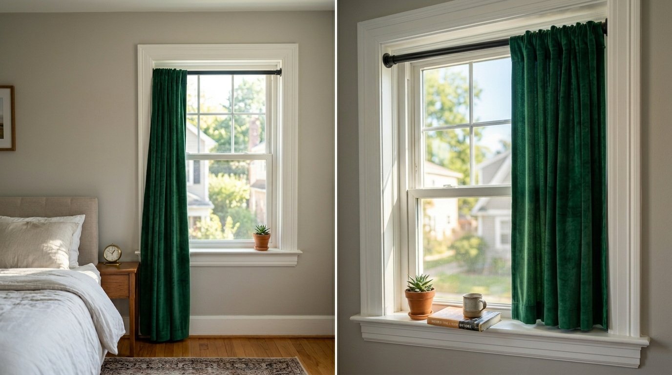 A close up and wide view of a plush green velvet curtain panel hung on a tension rod inside a white window frame.